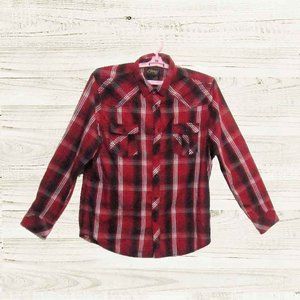 Chalc size XL mens shirt  red burgundy plaid long sleeves